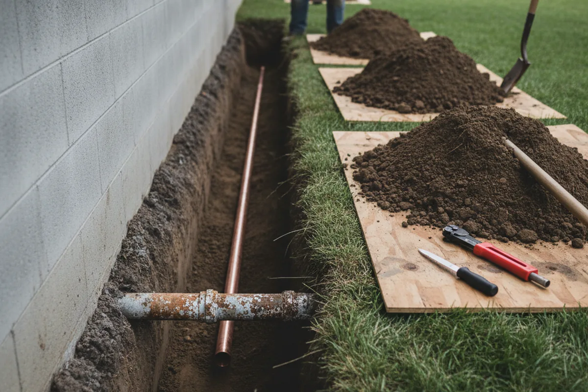 Excavated water line trench during Sewer Line Repair in Mount Marion